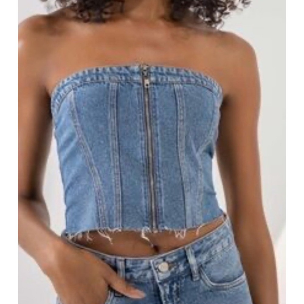 Emerson Lang Denim Corset Top Strapless Zip Front Frayed Hem Blue Medium Wash L